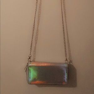 metallic purse with gold chain strap